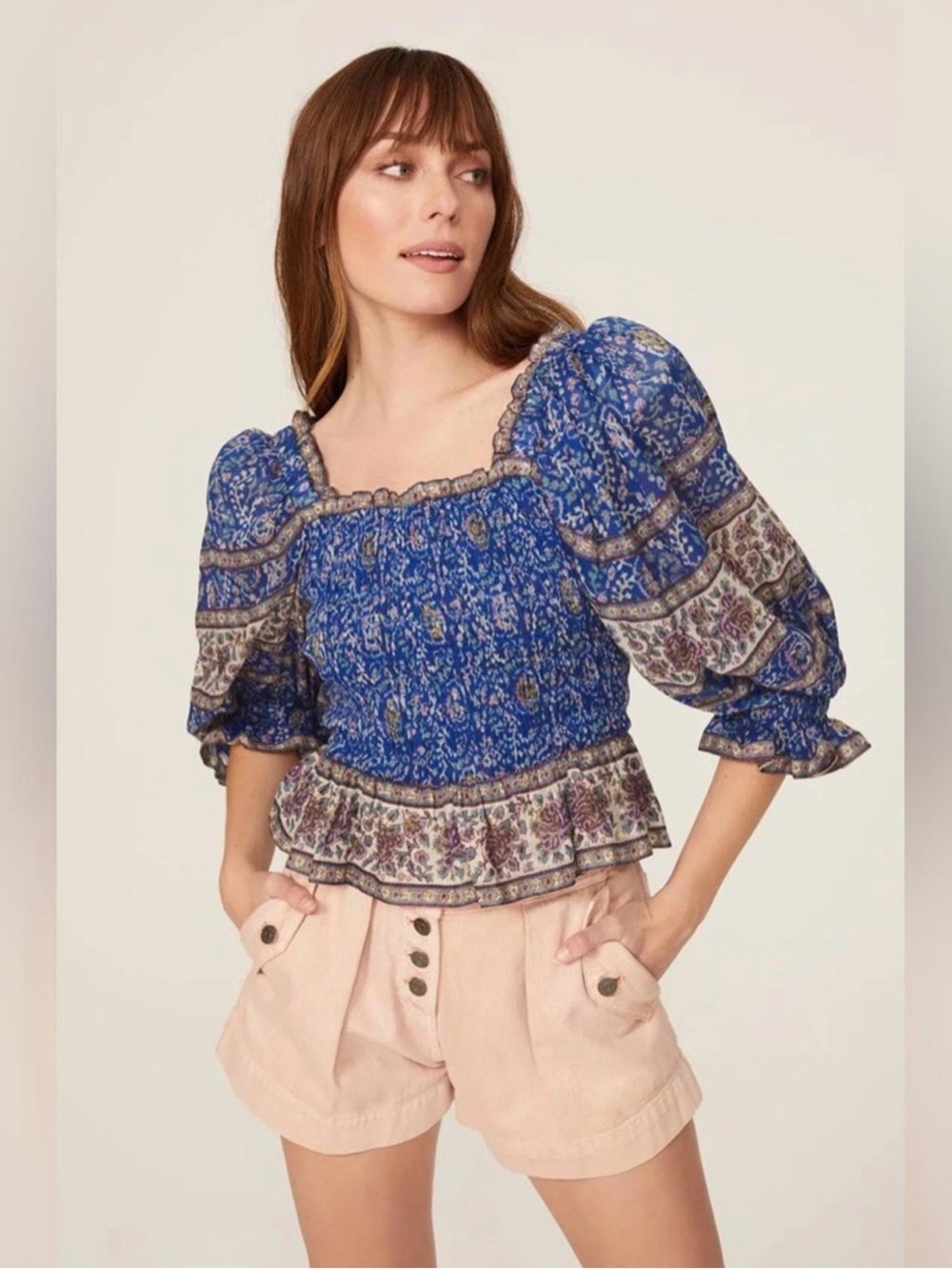 Sea New York Rosita Border Puff Sleeve Smocked Bohemian Granola Girl Top